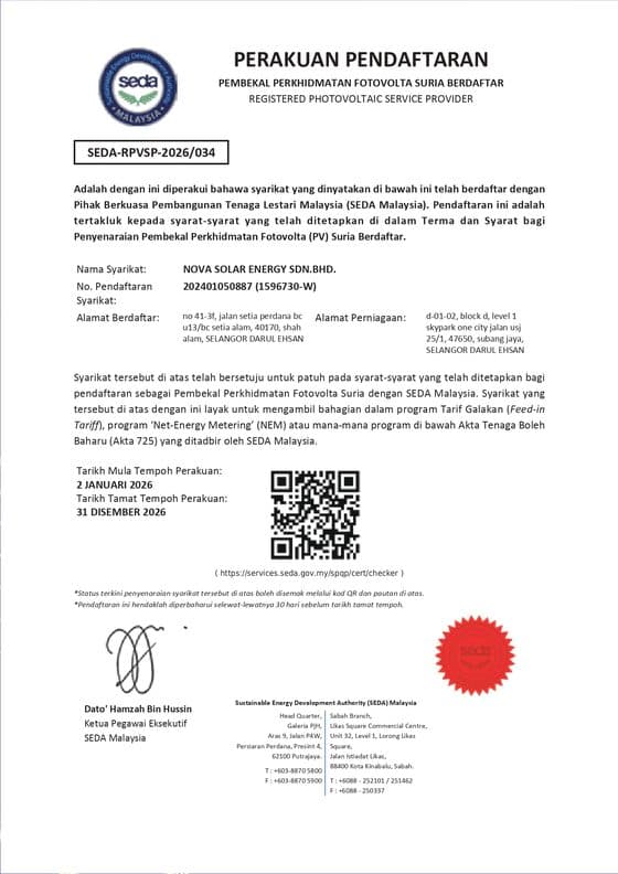SEDA registered PV service provider certificate