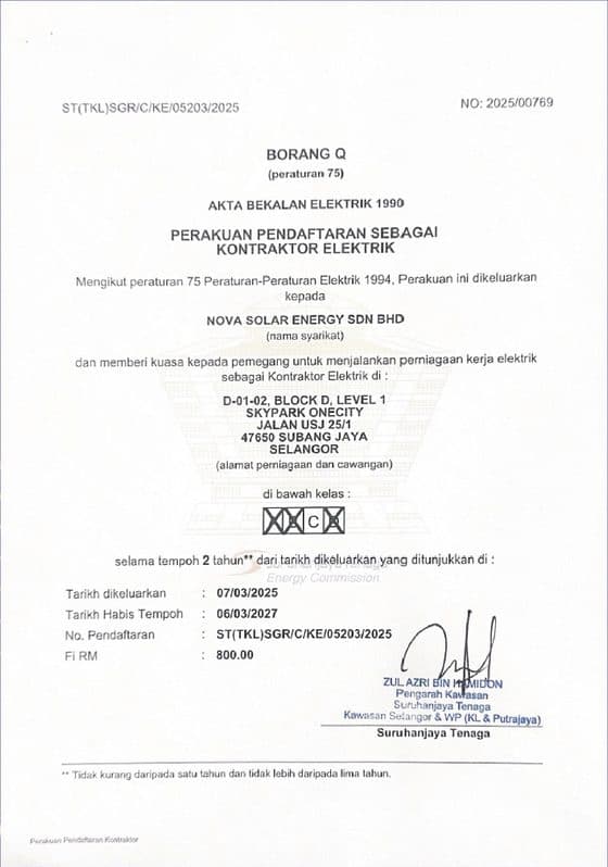 Suruhanjaya Tenaga electrical contractor certificate